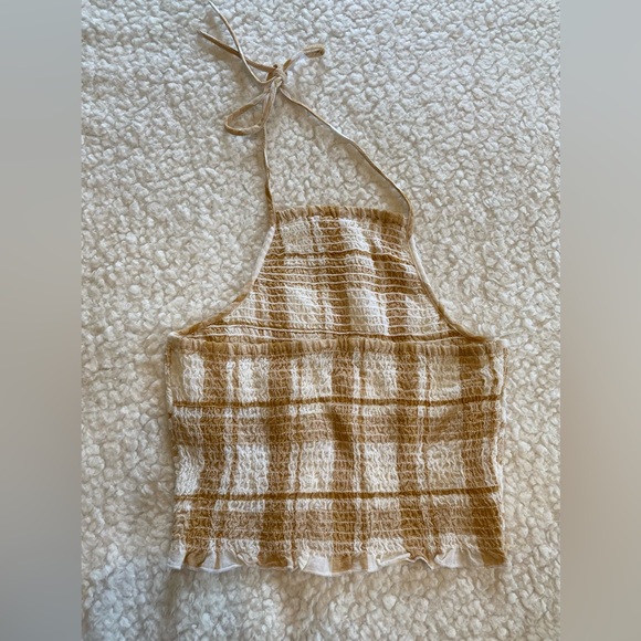 American Eagle Outfitters brown & white halter ribbed crop top, size small - Picture 2 of 5